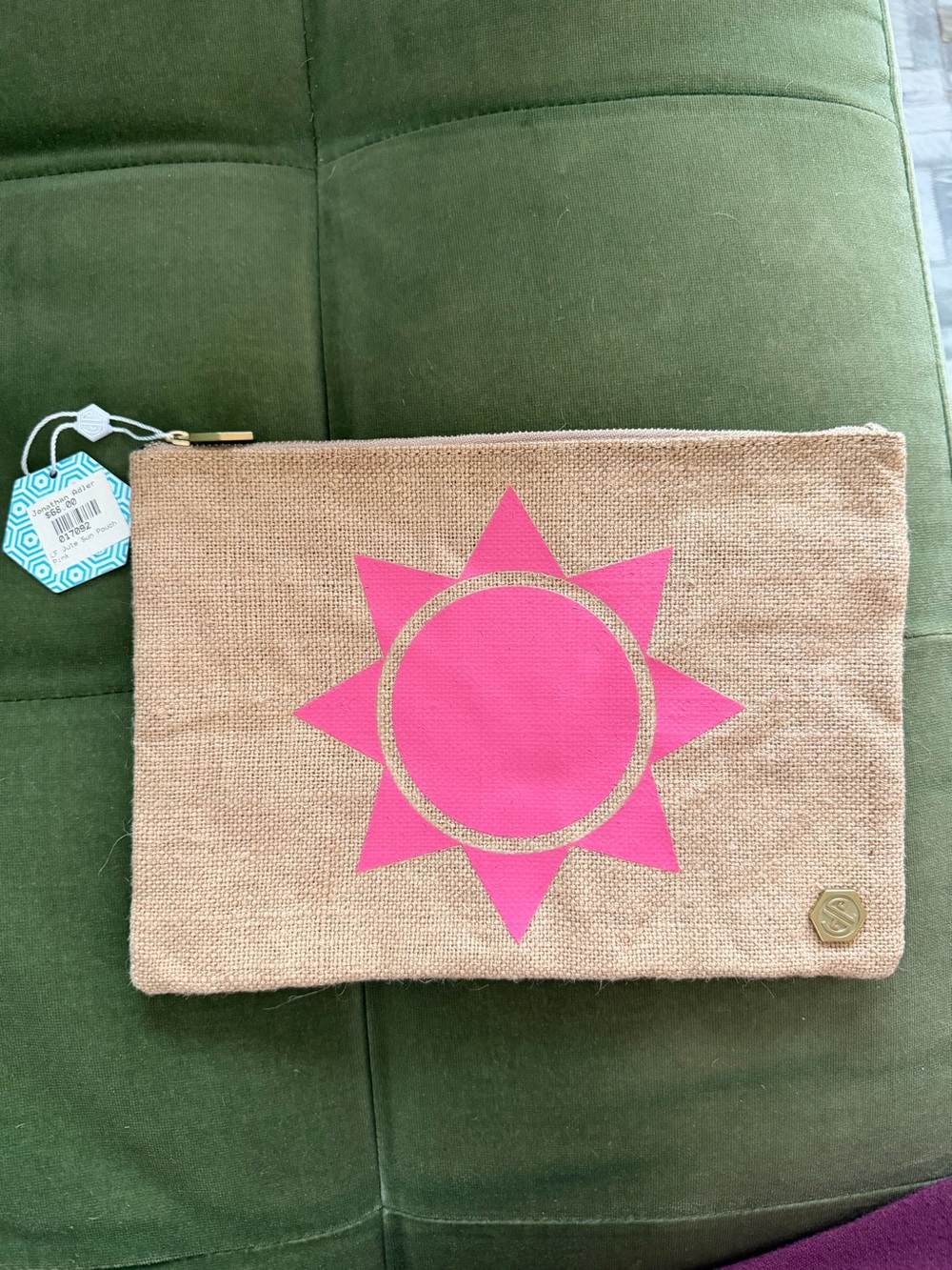 Jonathan Adler Jute Cosmetic Pouch with Pink Sun Motif NWT